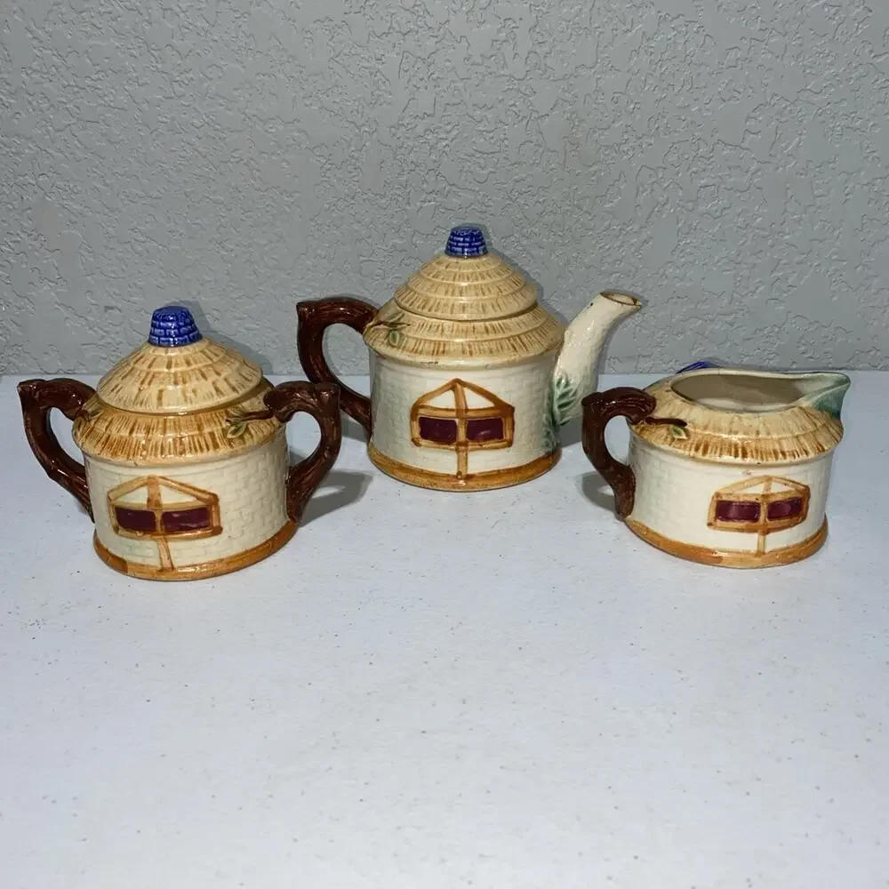 VTG Made In Occupied Japan Tea Set‎ Teapot Sugar Creamer Cottage Hut 3 Piece